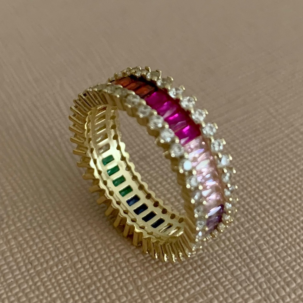 Lesa Michele Gold Rainbow CZ Baguette Band Ring